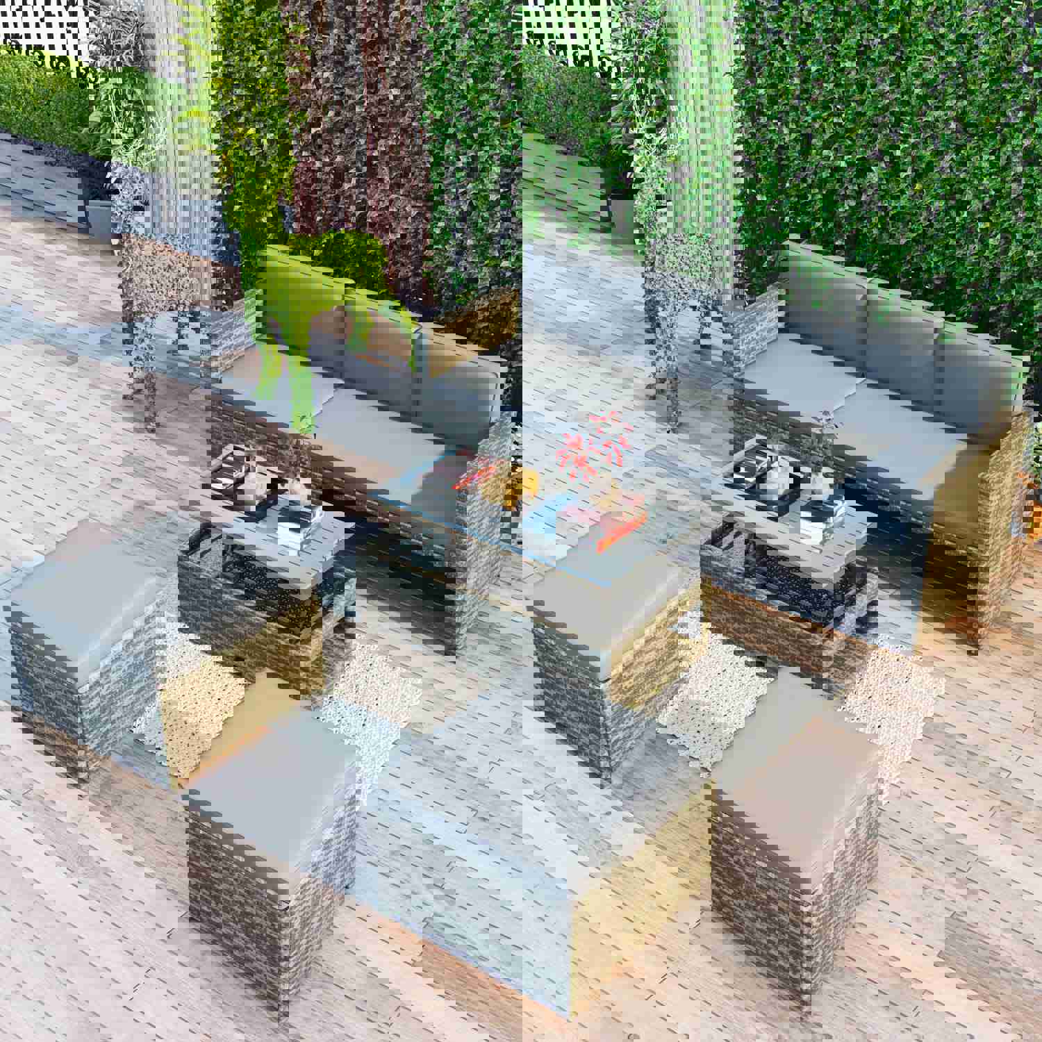 TOPMAX 4-piece Outdoor Backyard Patio Rattan Sofa Set, All-weather PE Wicker Sectional Furniture Set with Retractable Table, Gray