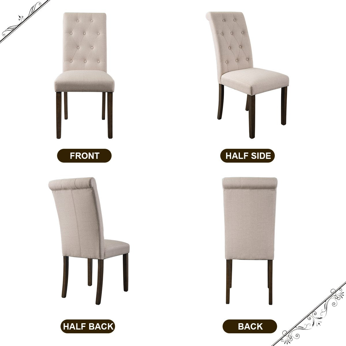 Beige Tufted Dining Chairs Set of 2, Upholstered High Back Padded Dining Chairs with Solid Wood Legs