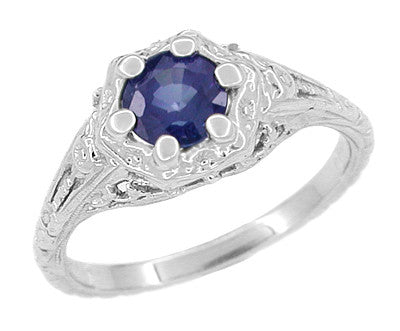 Art Deco Filigree Flowers Sapphire Engagement Ring in 14 Karat White Gold