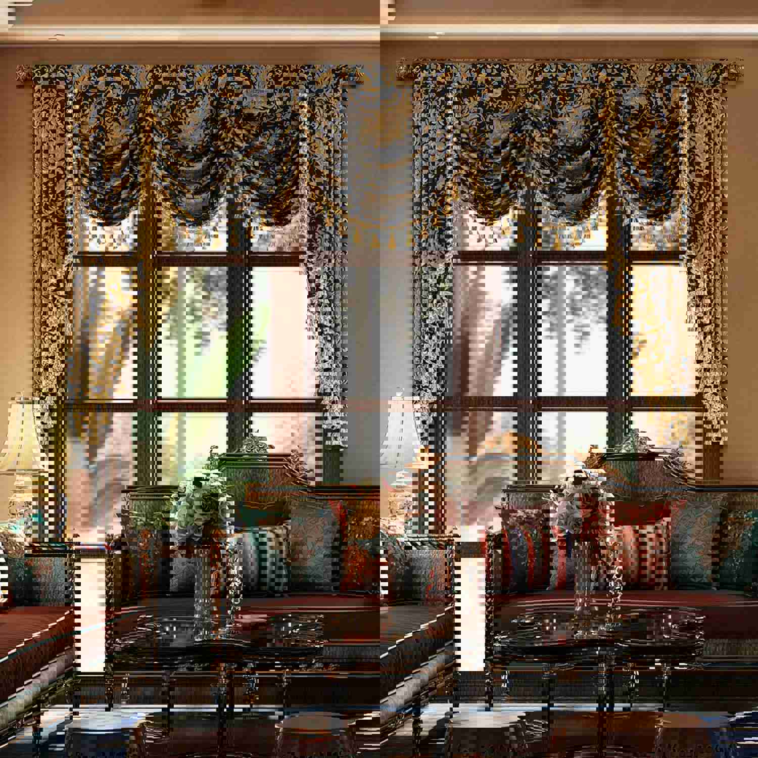 Black Florence Swag Valance with Classic Damask Pattern