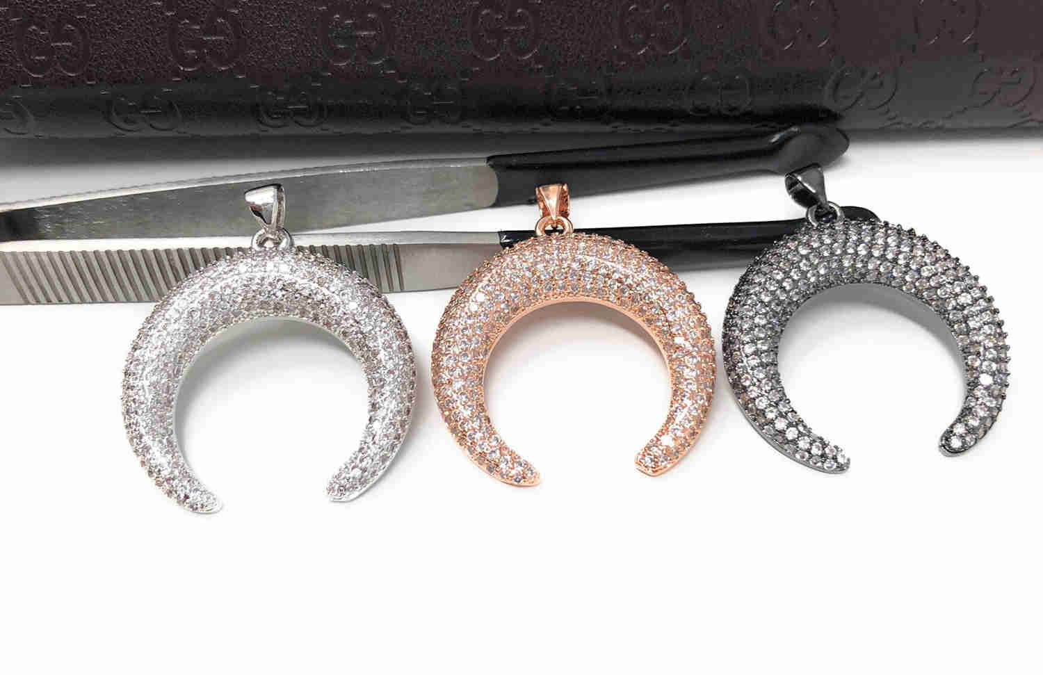 CZ Micro Pave Double Horn Moon Crescent Pendant for DIY Jewelry Making