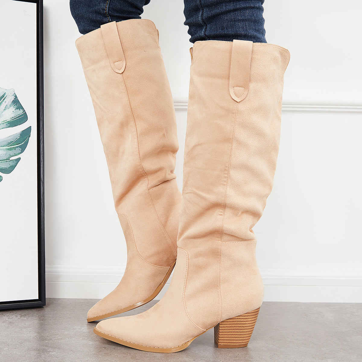Women's Knee High Boots with Chunky Block Heel - Western Riding Style