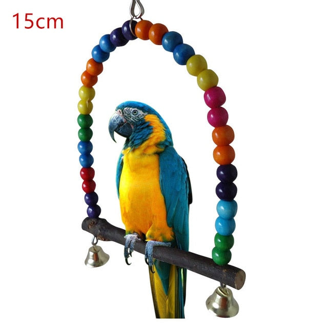 1PC Natural Wooden Parrots Swing Toy with Colorful Beads and Bells for Pet Birds