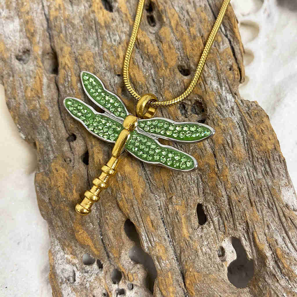 J-7149 - Winged Dragonfly Rhinestone Memorial Pendant with Gold-Tone Chain