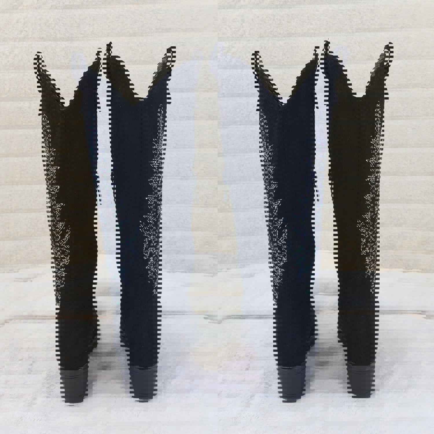 Bella Western Mid-calf Cowboy Cowgirl Boots Tan Low 1.5 Heels Black Faux Suede