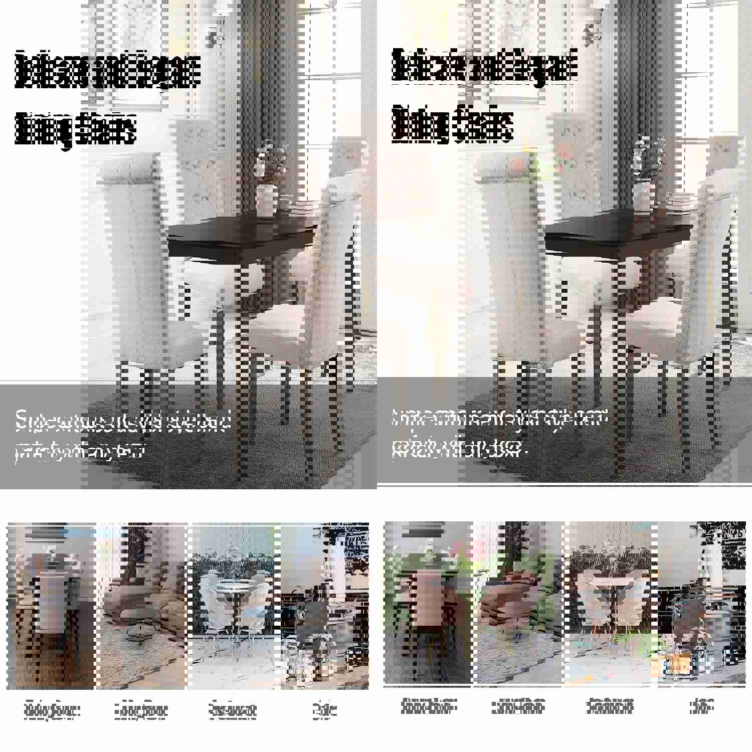 Beige Tufted Dining Chairs Set of 2, Upholstered High Back Padded Dining Chairs with Solid Wood Legs