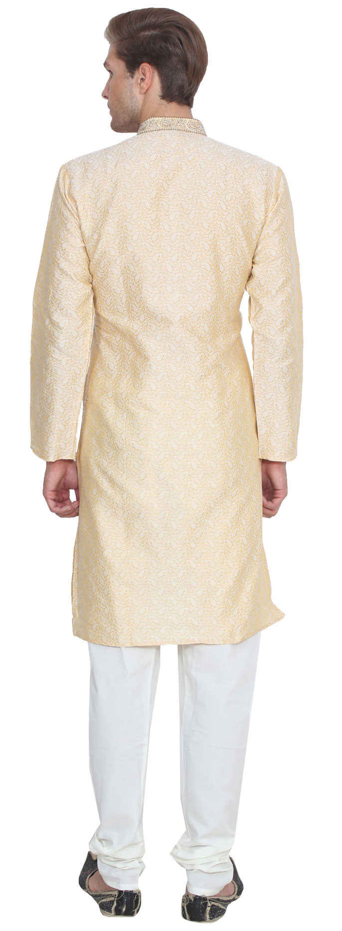 Jacquard Silk Embroidered Mens Kurta Pajama India Clothing (Gold)