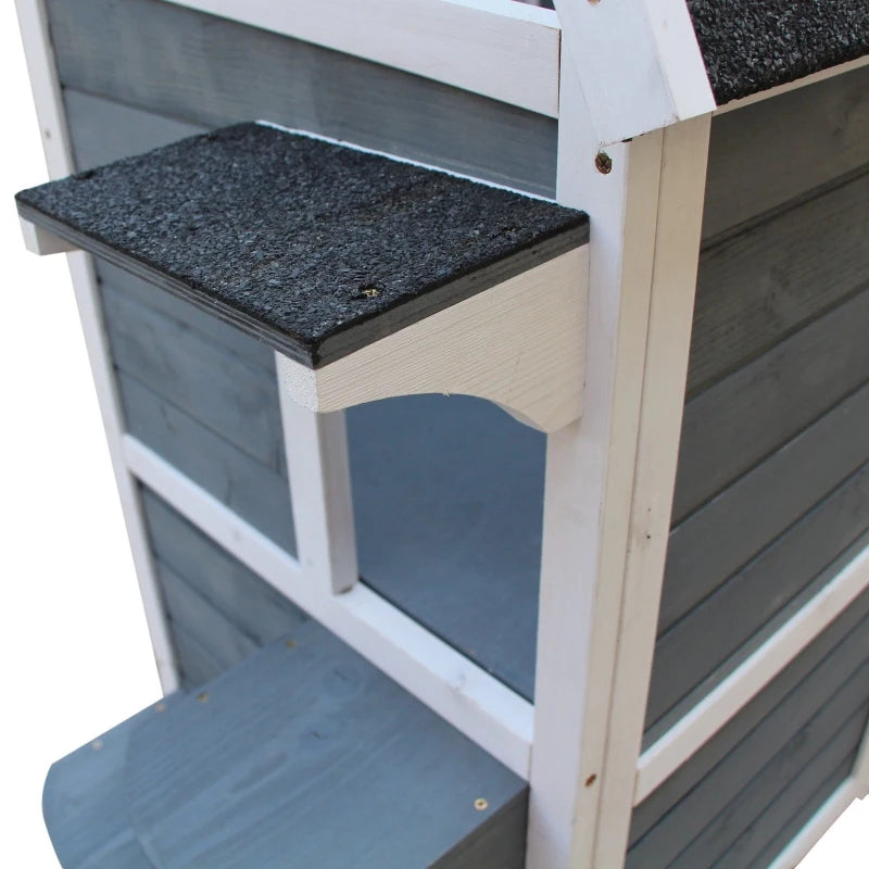 PawHut 2-Story Weatherproof Wood Cat House with Balcony & Doors for Indoor/Outdoor Use