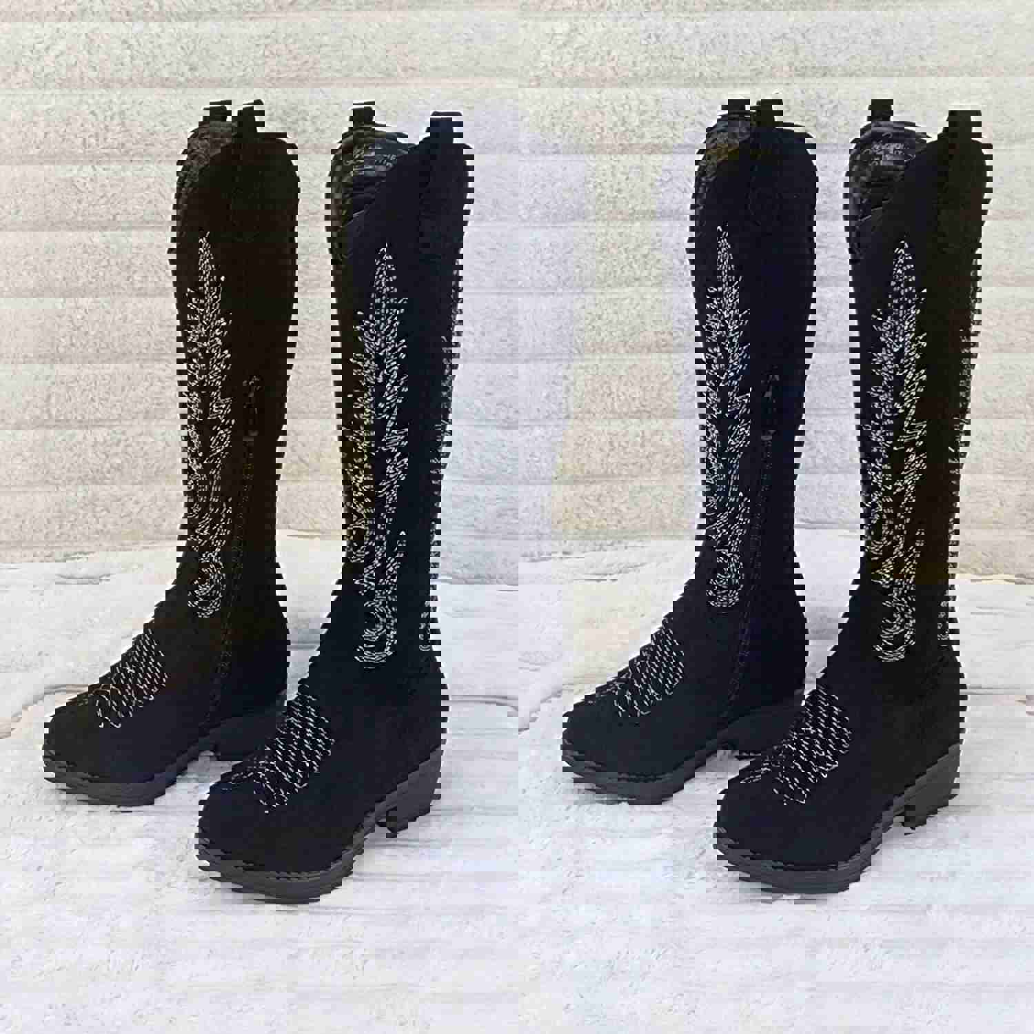 Bella Western Mid-calf Cowboy Cowgirl Boots Tan Low 1.5 Heels Black Faux Suede