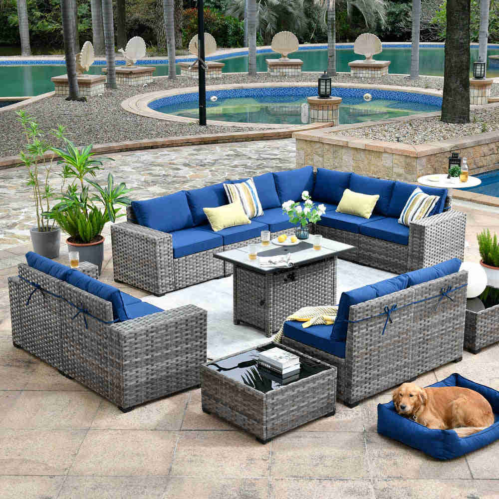 Ovios 13 Pieces Outdoor Furniture Set with Broad Handrails and Fire Pit Table