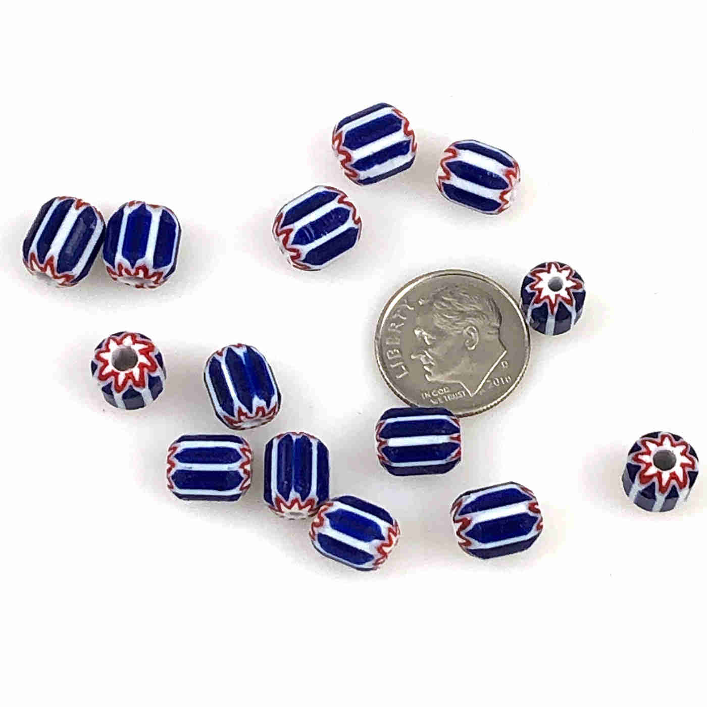 Vintage Italian Chevron Beads - Blue, White & Red (4 Layers, 8x10mm)