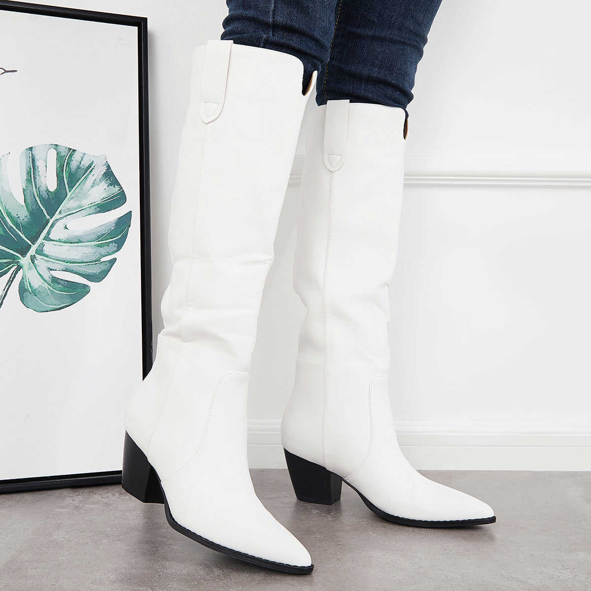 Women's Knee High Boots with Chunky Block Heel - Western Riding Style