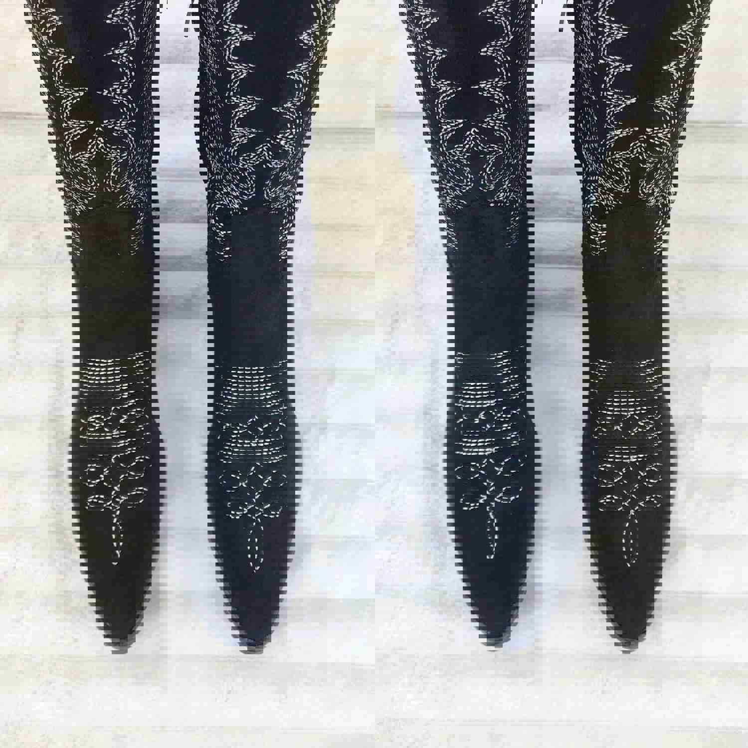 Bella Western Mid-calf Cowboy Cowgirl Boots Tan Low 1.5 Heels Black Faux Suede