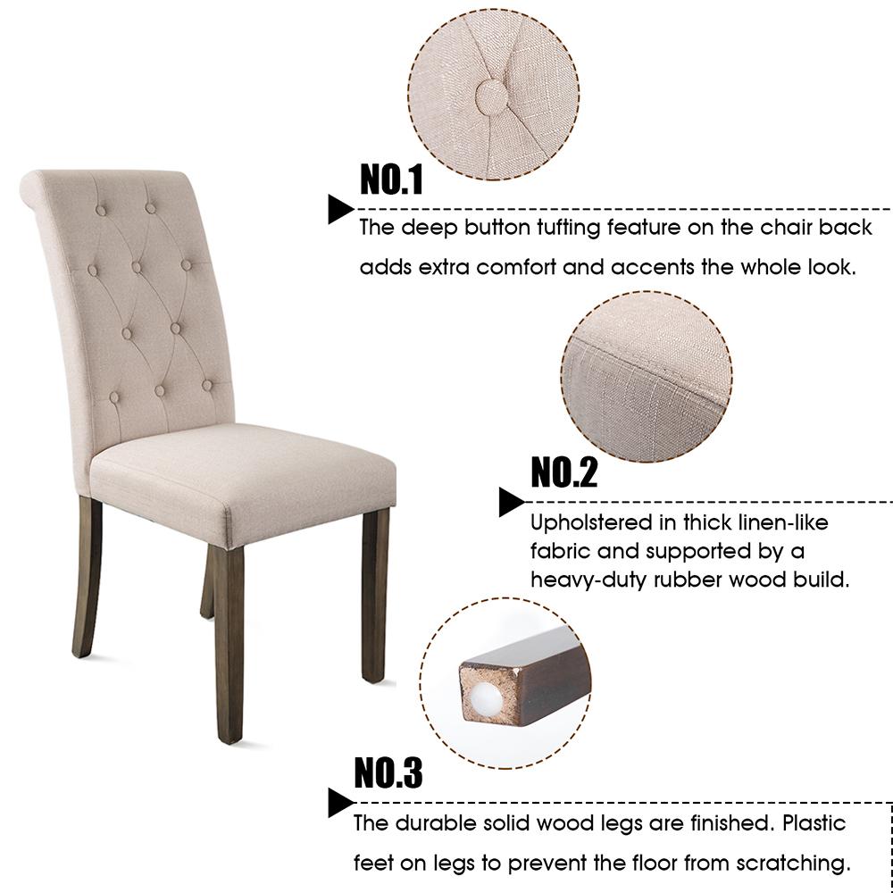 Beige Tufted Dining Chairs Set of 2, Upholstered High Back Padded Dining Chairs with Solid Wood Legs
