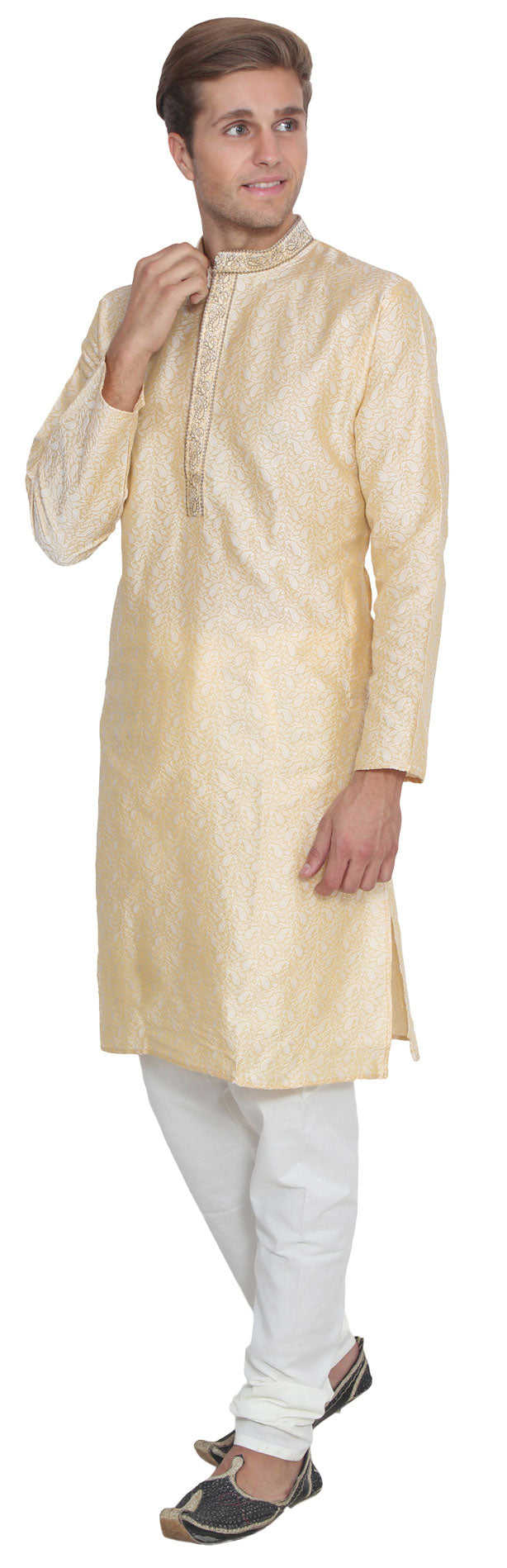 Jacquard Silk Embroidered Mens Kurta Pajama India Clothing (Gold)