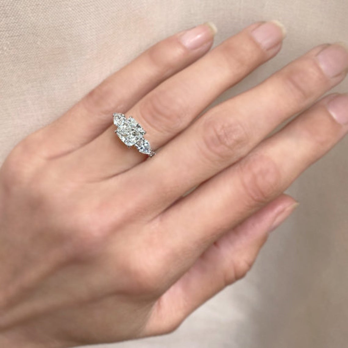 Cushion & Pear 3 Stone Moissanite Solitaire Diamond Engagement Ring
