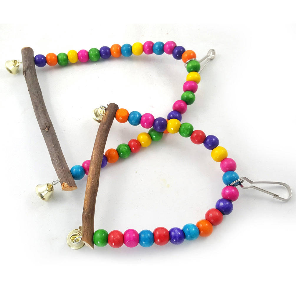 1PC Natural Wooden Parrots Swing Toy with Colorful Beads and Bells for Pet Birds