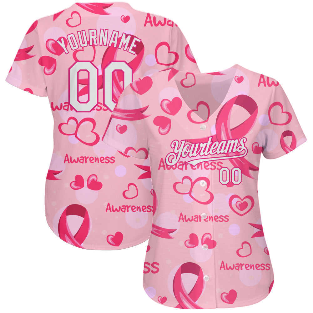 Custom Pink White-Hot Pink 3D Pink Ribbon Breast Cancer Awareness Baseball Jersey for Women