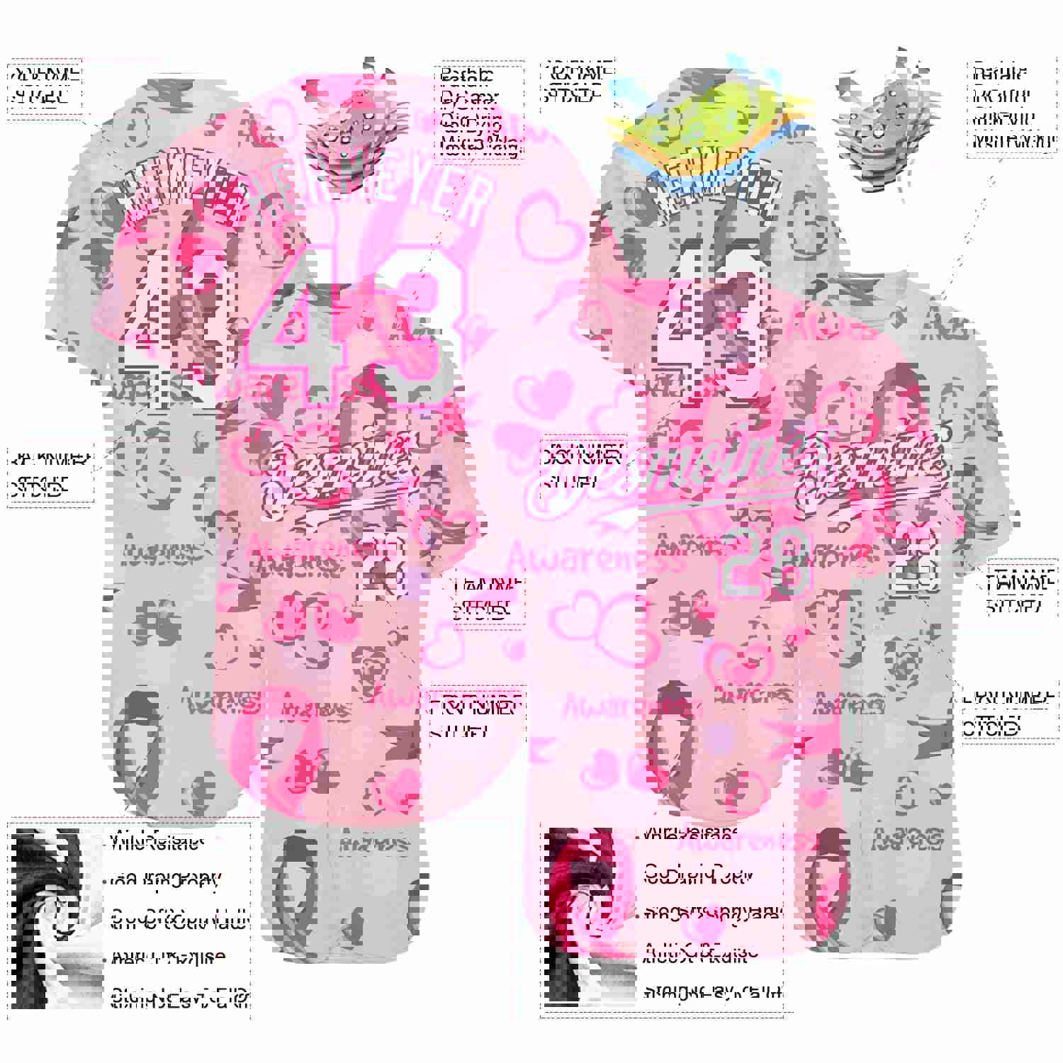 Custom Pink White-Hot Pink 3D Pink Ribbon Breast Cancer Awareness Baseball Jersey for Women