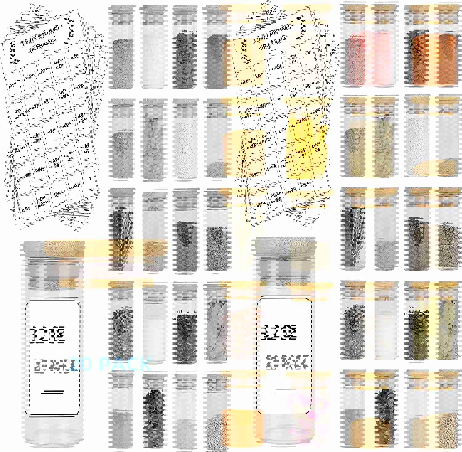 DIMBRAH 20 Pack Glass Spice Jars Set with Bamboo Lids and Preprinted Labels