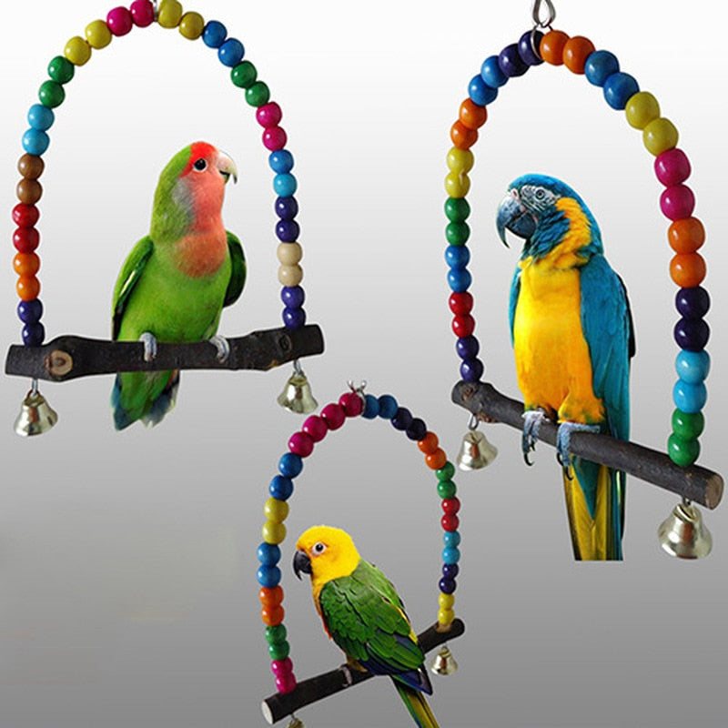 1PC Natural Wooden Parrots Swing Toy with Colorful Beads and Bells for Pet Birds
