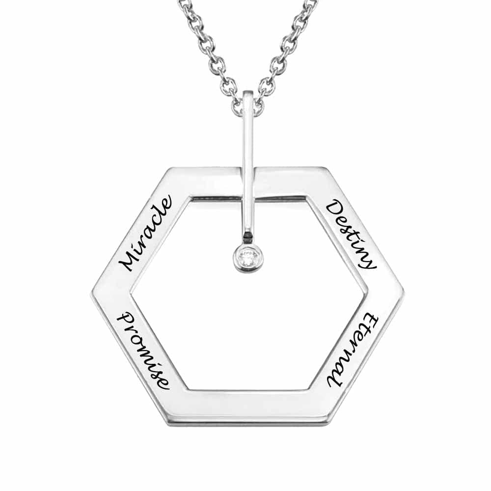 Custom Text Hexagonal Necklace - Personalized Silver Name Jewelry for Mother's Day Gift