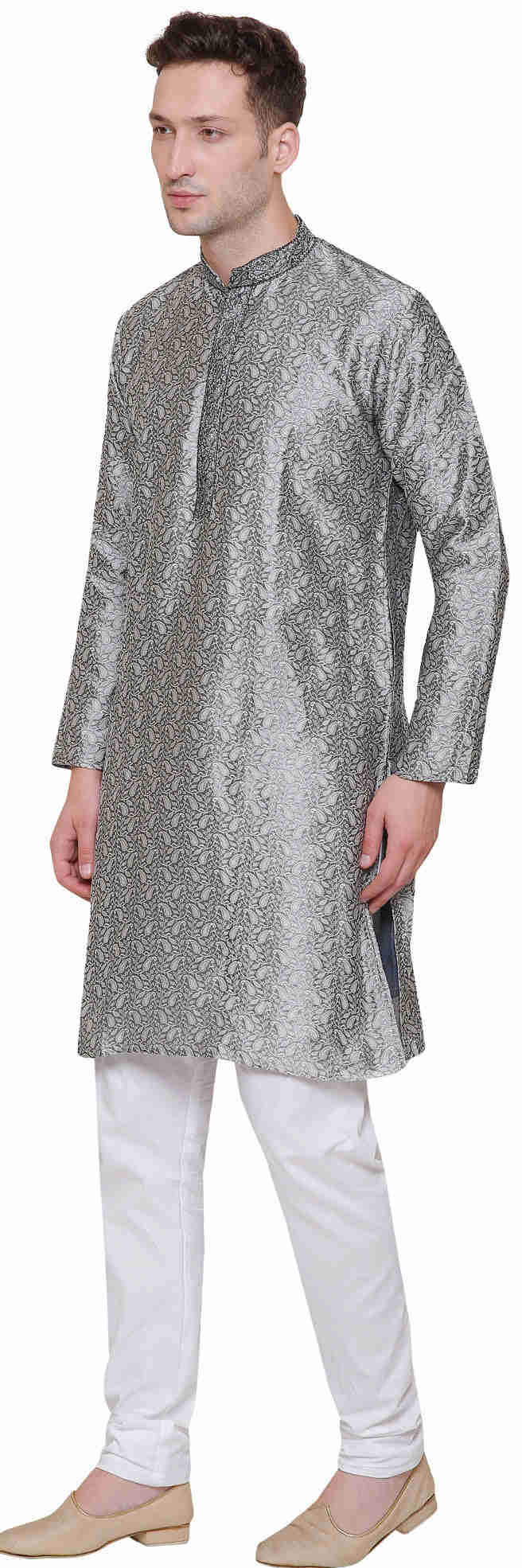 Embroidered Jacquard Silk Mens Kurta Pyjama Indian Traditional Outfit (Grey)