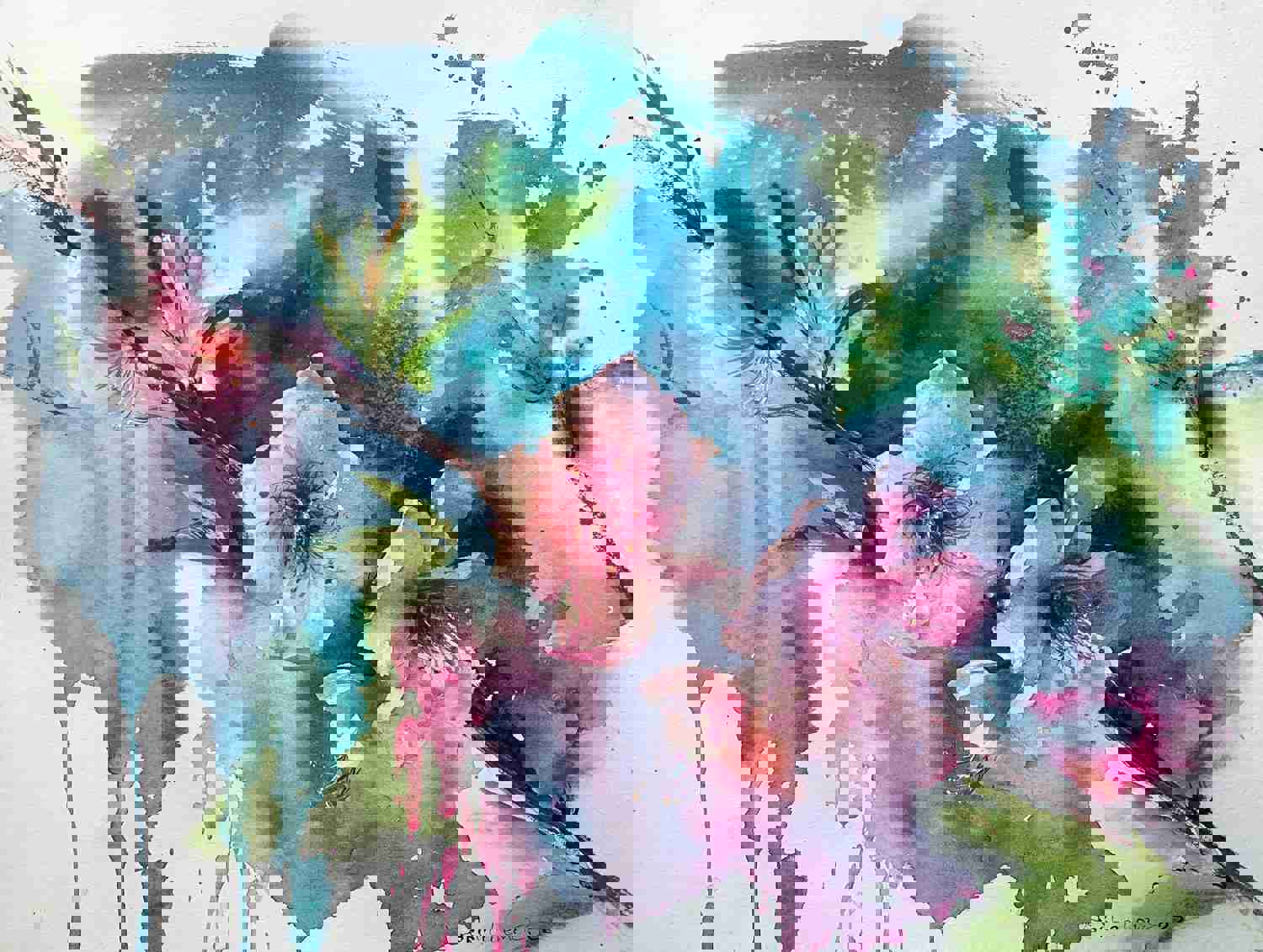 Pink Flower Painting, Original Watercolor Art, Blooming Flowers Tree, Botanical Wall Decor, Wedding Gift, Nature Fine Art