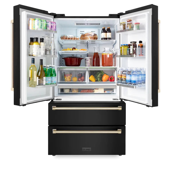 ZLINE 36 Autograph Edition 22.5 cu. ft Freestanding French Door Refrigerator with Ice Maker in Fingerprint Resistant Black Stainless Steel