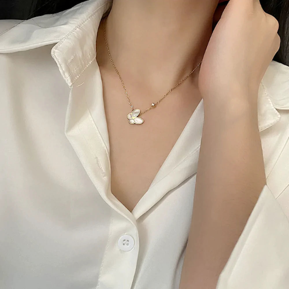 Elegant Women's Butterfly Pendant Necklace - Gold Plated Alloy and Mother of Pearl, 16 + 2 Length