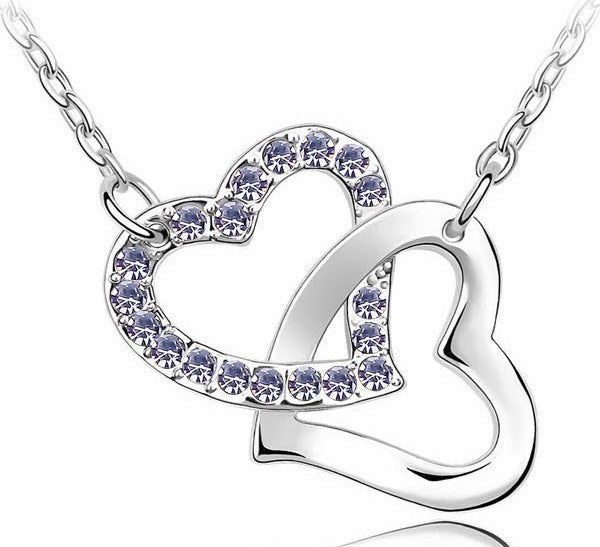 Free Shipping Wholesale Fashion Jewelry Double Heart Pendant Necklace with AAAA+ Rhinestone