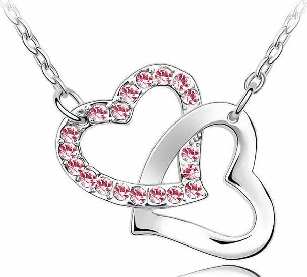 Free Shipping Wholesale Fashion Jewelry Double Heart Pendant Necklace with AAAA+ Rhinestone