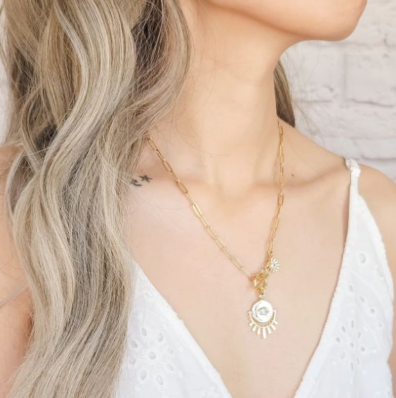 MIka Paperclip Chain Necklace with Sun and Flower