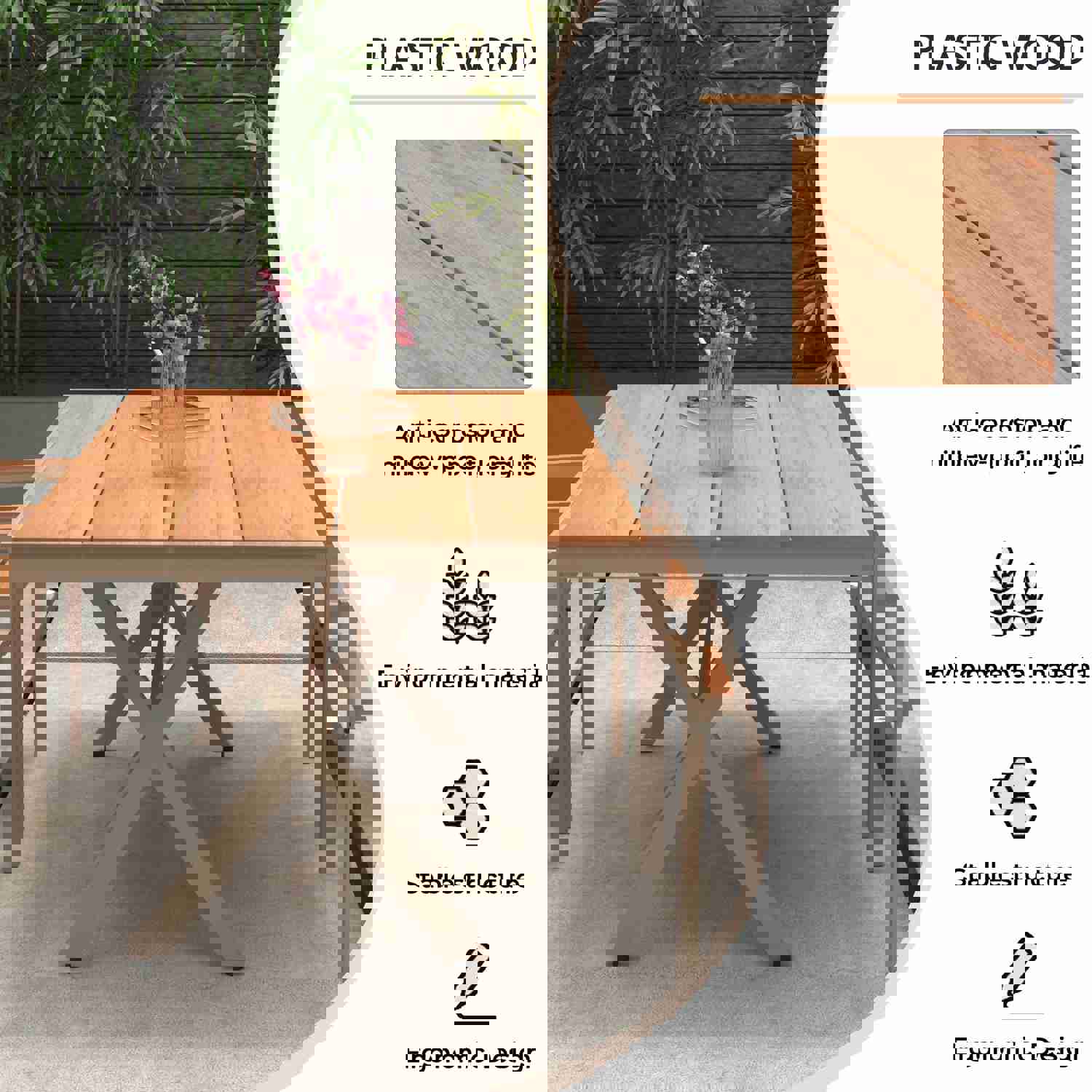 Outdoor Patio Dining Bistro Table for 4-6, Rectangle Plastic Wood Tabletop with Metal Steel Frame