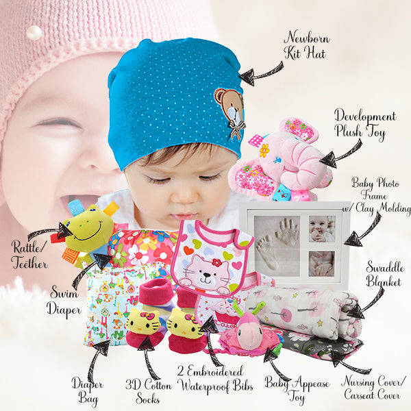 Blue Baby Girl Bundle Gift Set with Essentials, Toys & Accessories for 1st Year (12 Items)