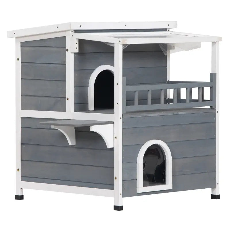 PawHut 2-Story Weatherproof Wood Cat House with Balcony & Doors for Indoor/Outdoor Use