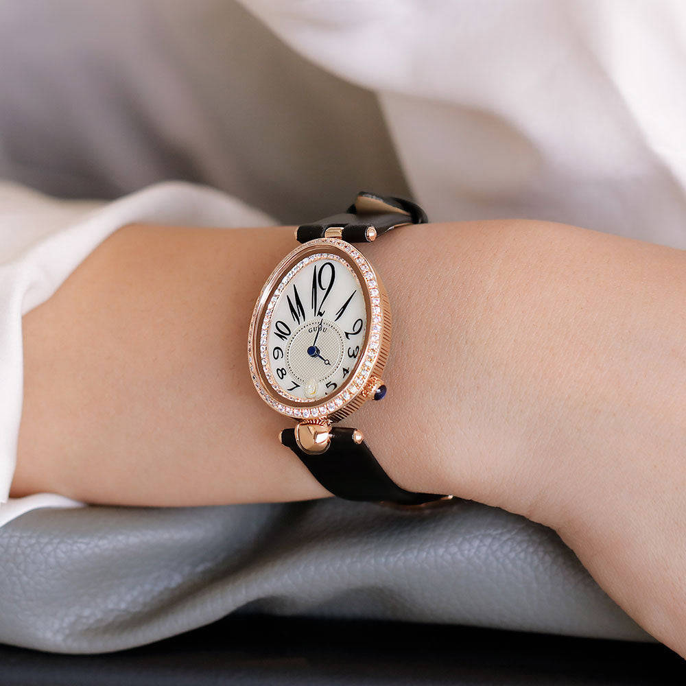 GUOU 6040 Fashion Oval Diamond Women's Watch - Rose Gold Leather Strap