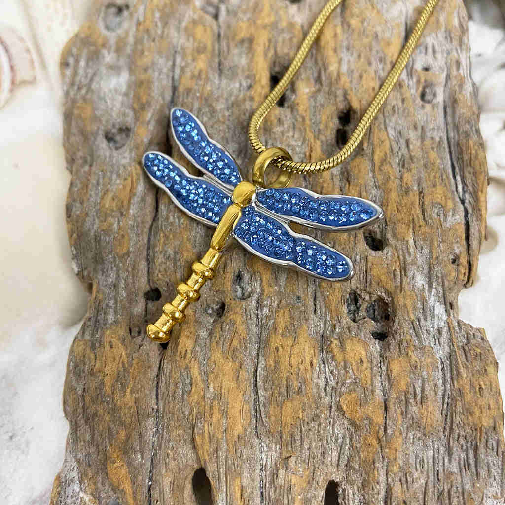J-7149 - Winged Dragonfly Rhinestone Memorial Pendant with Gold-Tone Chain