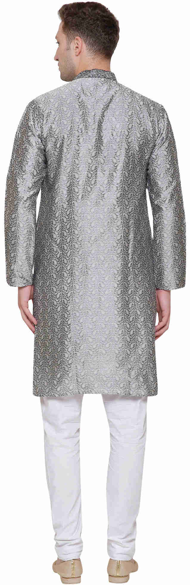 Embroidered Jacquard Silk Mens Kurta Pyjama Indian Traditional Outfit (Grey)
