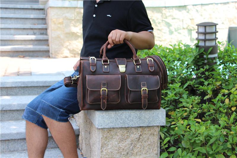 Vintage Brown Leather Large Men's Briefcase Weekender Travel Duffle Bag