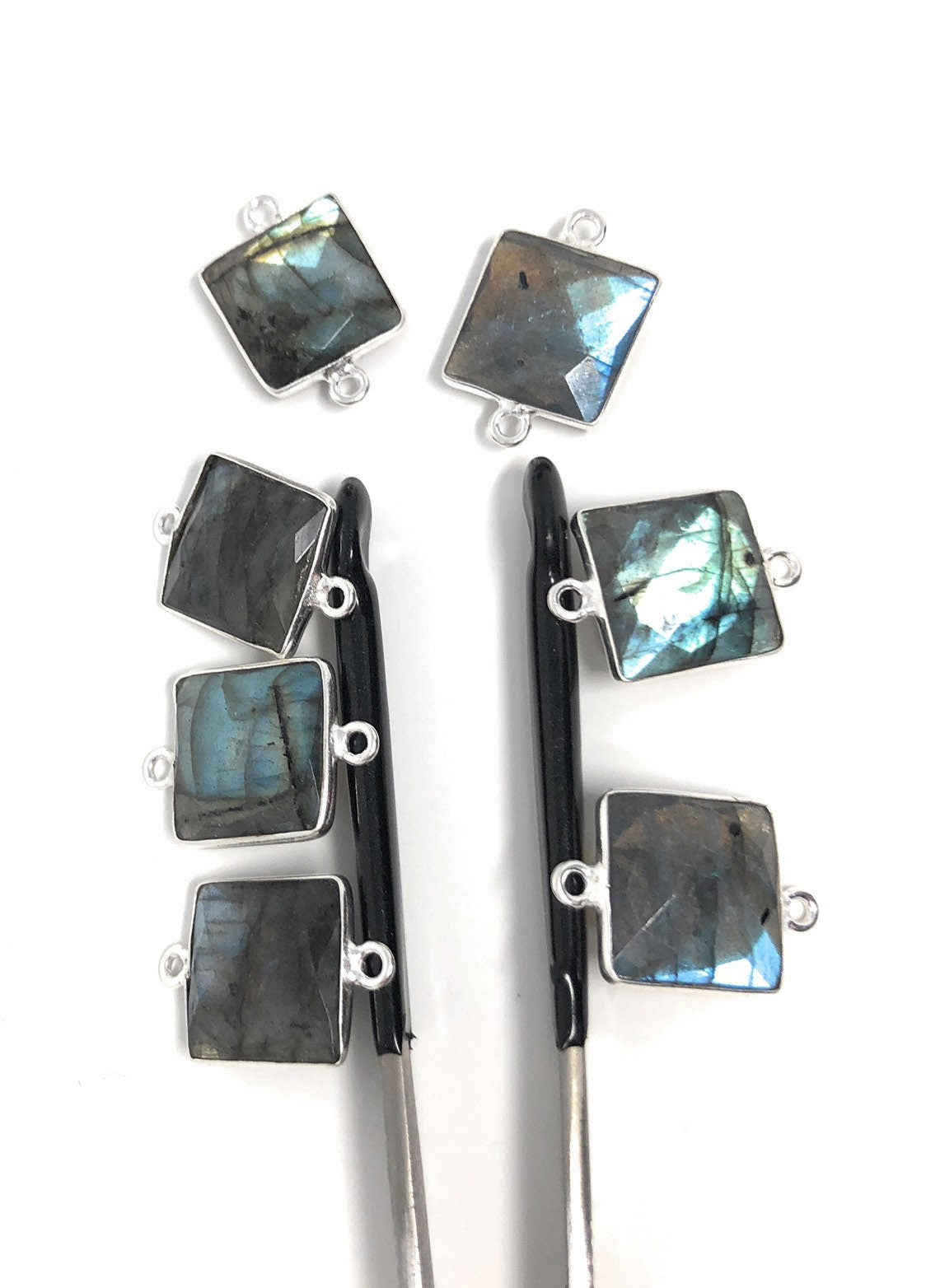 9 Pcs Labradorite Gemstone Connector, Sterling Silver Double Bail Connectors Charms for DIY Jewelry Making, 20x14mm