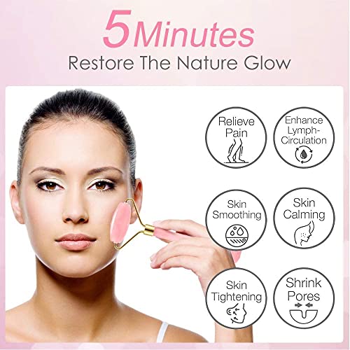 Rose Quartz Face Roller and Jade Roller Gua Sha Set - Pink Facial Massager for Skin Care and Puffiness Relief