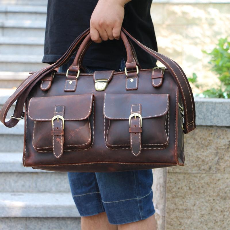 Vintage Brown Leather Large Men's Briefcase Weekender Travel Duffle Bag