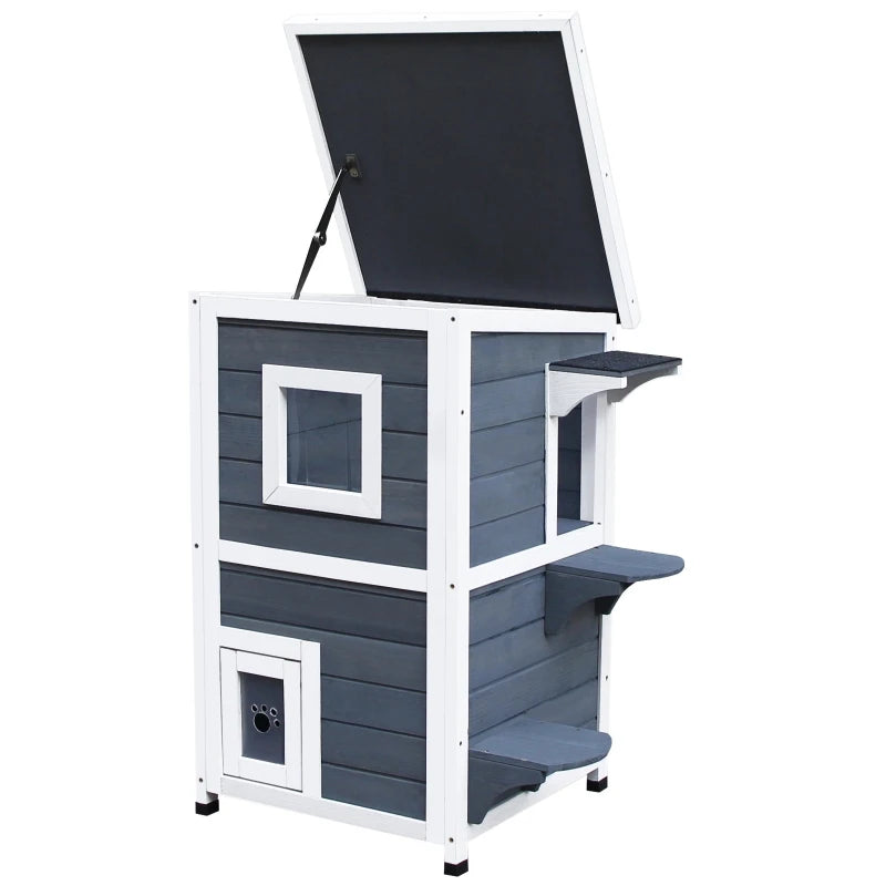 PawHut 2-Story Weatherproof Wood Cat House with Balcony & Doors for Indoor/Outdoor Use