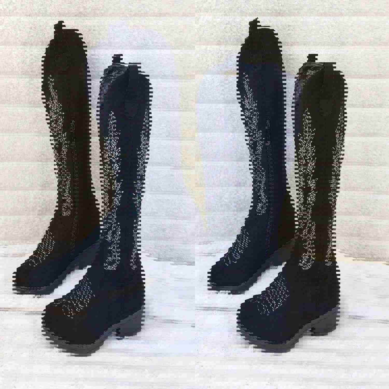 Bella Western Mid-calf Cowboy Cowgirl Boots Tan Low 1.5 Heels Black Faux Suede