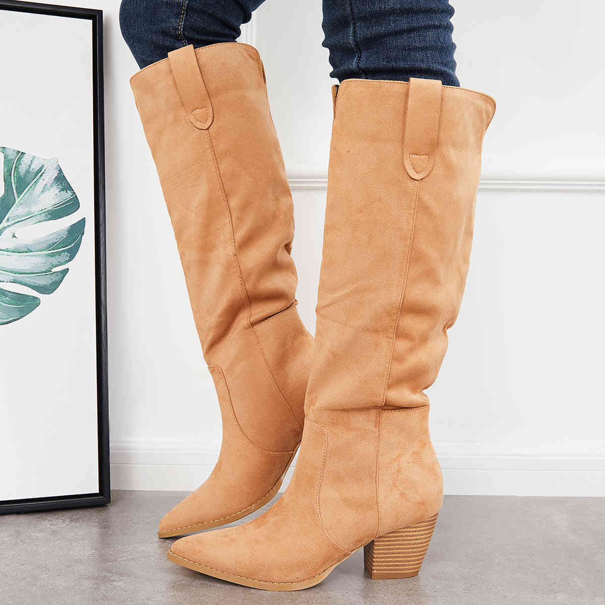 Women's Knee High Boots with Chunky Block Heel - Western Riding Style