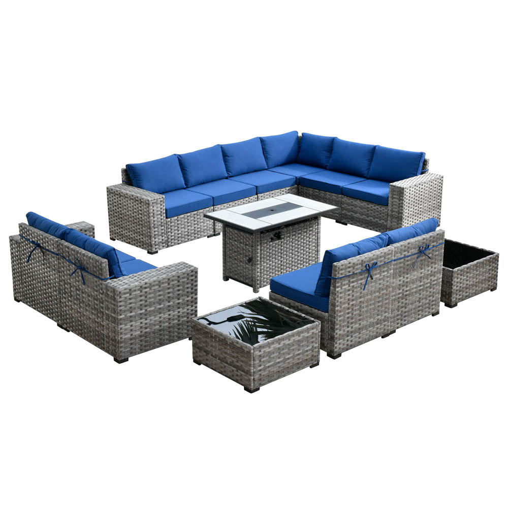 Ovios 13 Pieces Outdoor Furniture Set with Broad Handrails and Fire Pit Table