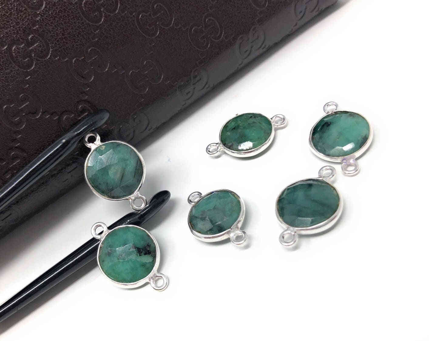 8 Pcs Natural Emerald Gemstone Connector, May Birthstone Sterling Silver Connectors, Wholesale DIY Jewelry Making Supplies, 18mmx12mm