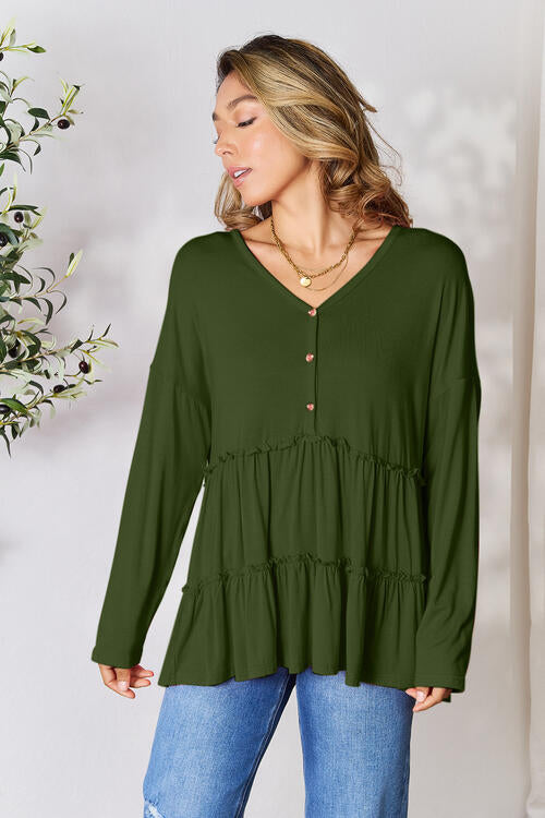 Playful Beauty Half Button Long Sleeve Ruffle Hem Top