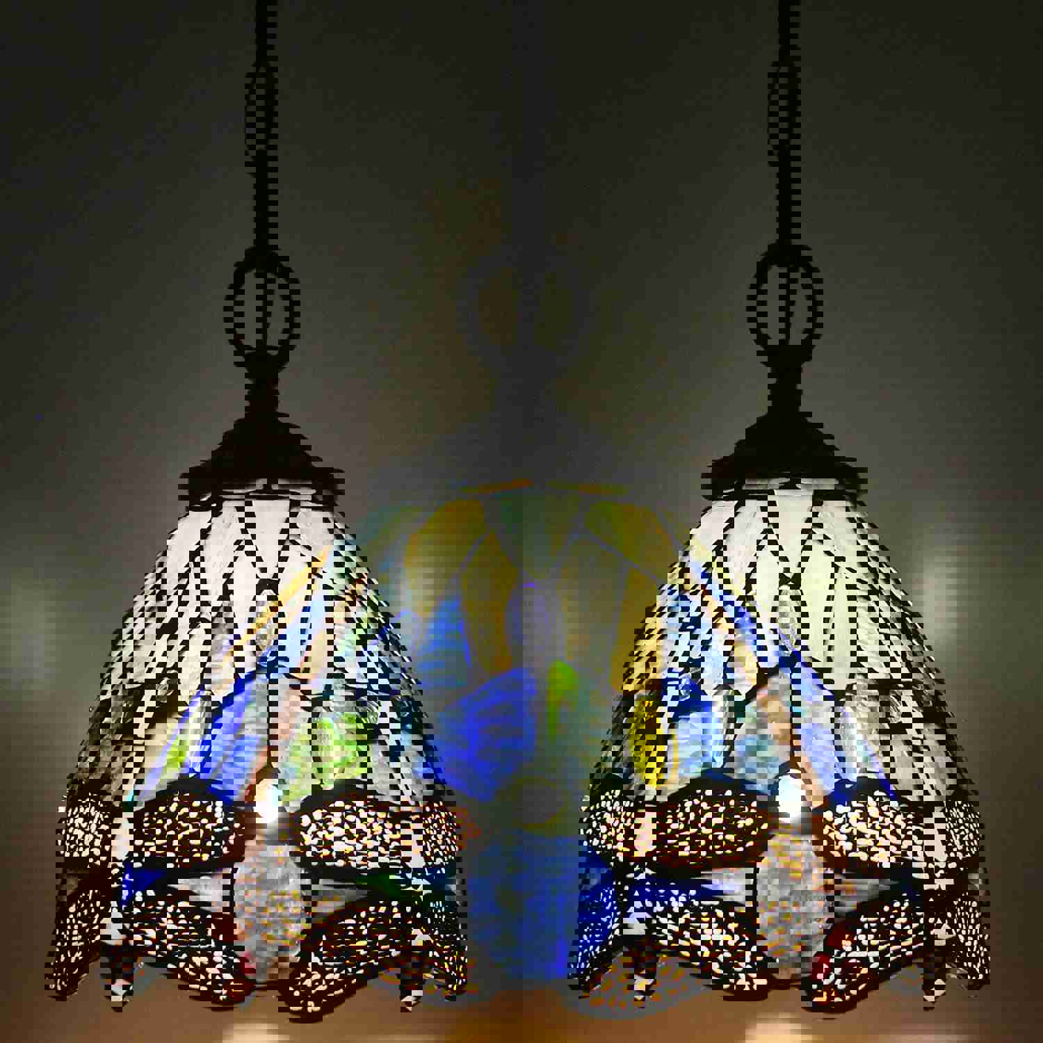 Werfactory® Tiffany Pendant Lighting Navy Blue Stained Glass Dragonfly Hanging Lamp